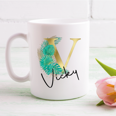 Gold & Green Tropical Letters Mug