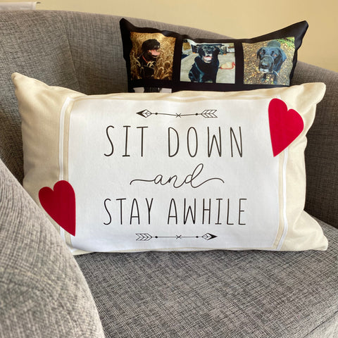 Flock ‘Sit down and stay a while' Fairtrade Cotton Canvas Cushion