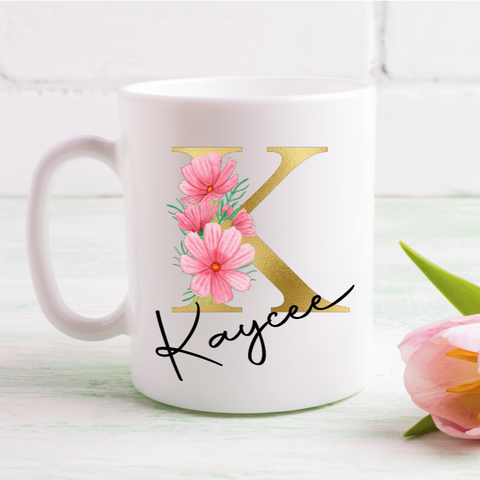 Gold & Pink Floral Letters Mug